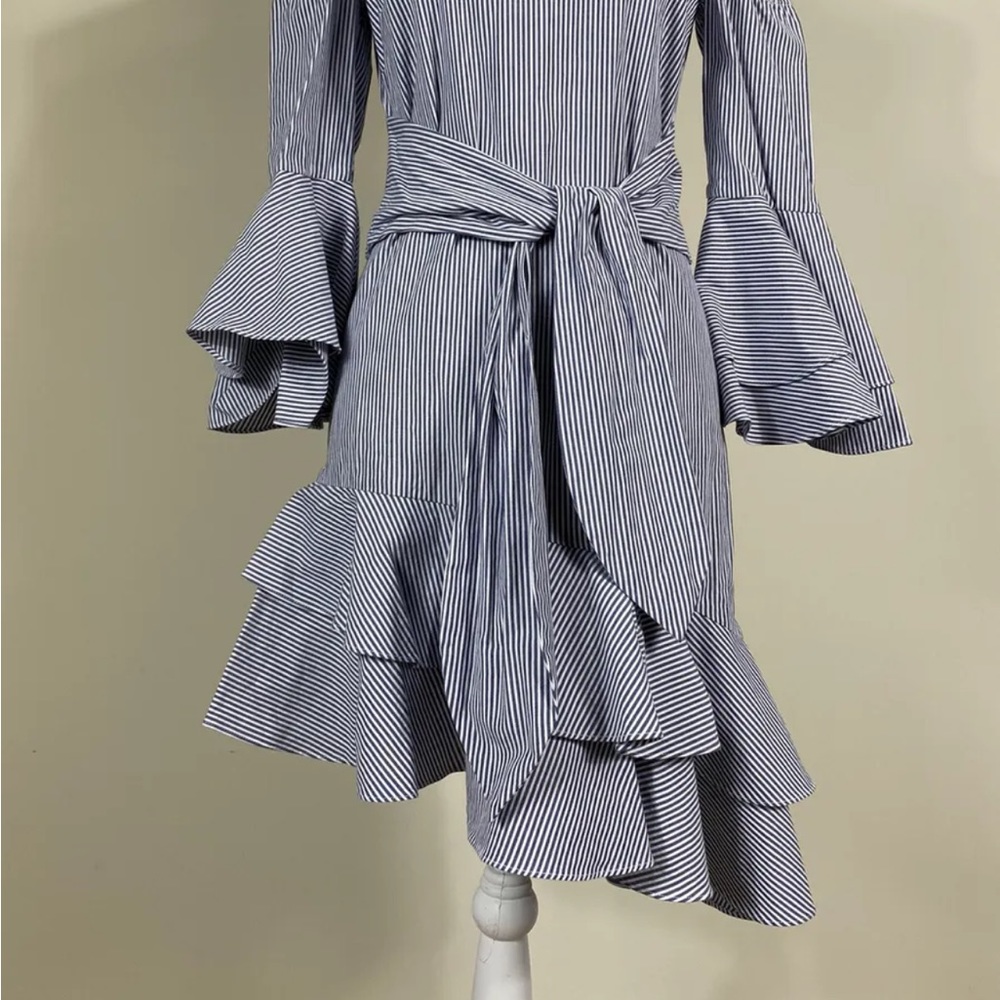 Intermix Size 2 Ellie Striped Asymmetric Bell Sleeve Belted Dress View 2